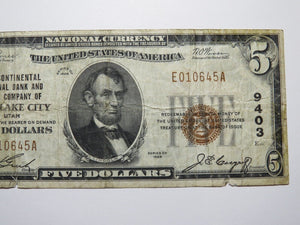 $5 1929 Salt Lake City Utah UT National Currency Bank Note Bill Charter #9403