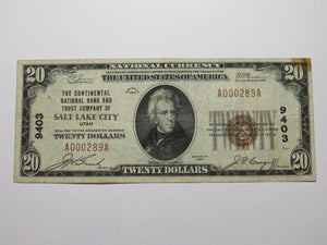 $20 1929 Salt Lake City Utah UT National Currency Bank Note Bill Ch. #9403 VF