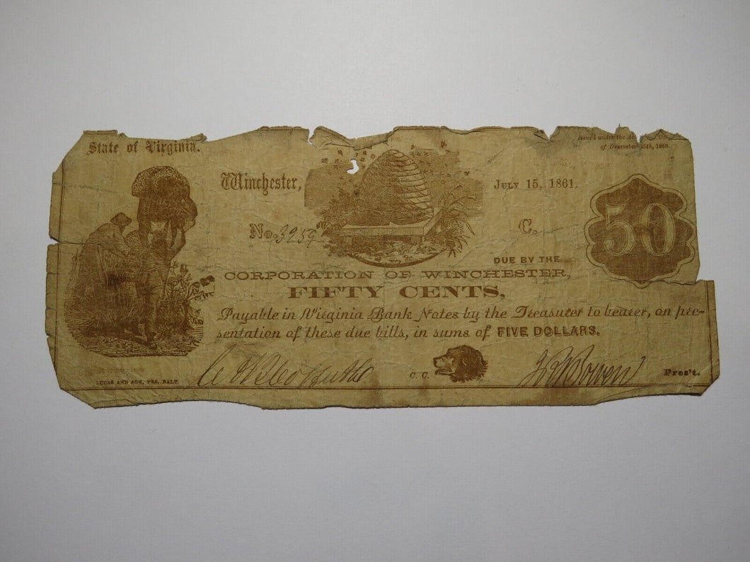 $.50 1861 Winchester Virginia VA Obsolete Currency Bank Note Bill Corp. of Win.