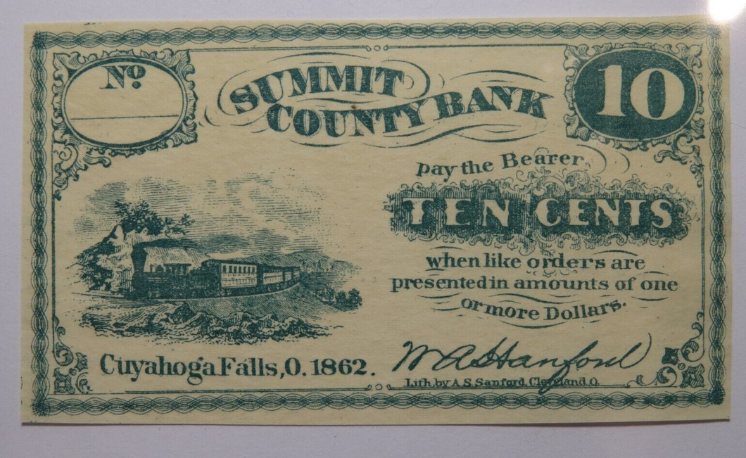 $.10 1862 Cuyahoga Falls Ohio OH Obsolete Currency Bank Note Bill Summit County