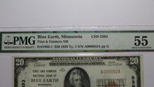 Load image into Gallery viewer, $20 1929 Blue Earth Minnesota MN National Currency Bank Note Bill #5393 AU55 PMG