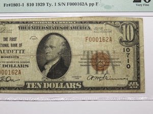 $10 1929 Baudette Minnesota MN National Currency Bank Note Bill Ch. #10710 VF20