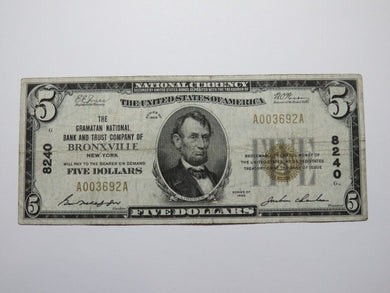 $5 1929 Bronxville New York NY National Currency Bank Note Bill Ch. #8240 FINE