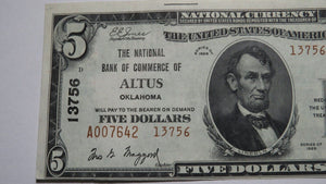 $5 1929 Altus Oklahoma OK National Currency Bank Note Bill! #13756 Uncirculated!