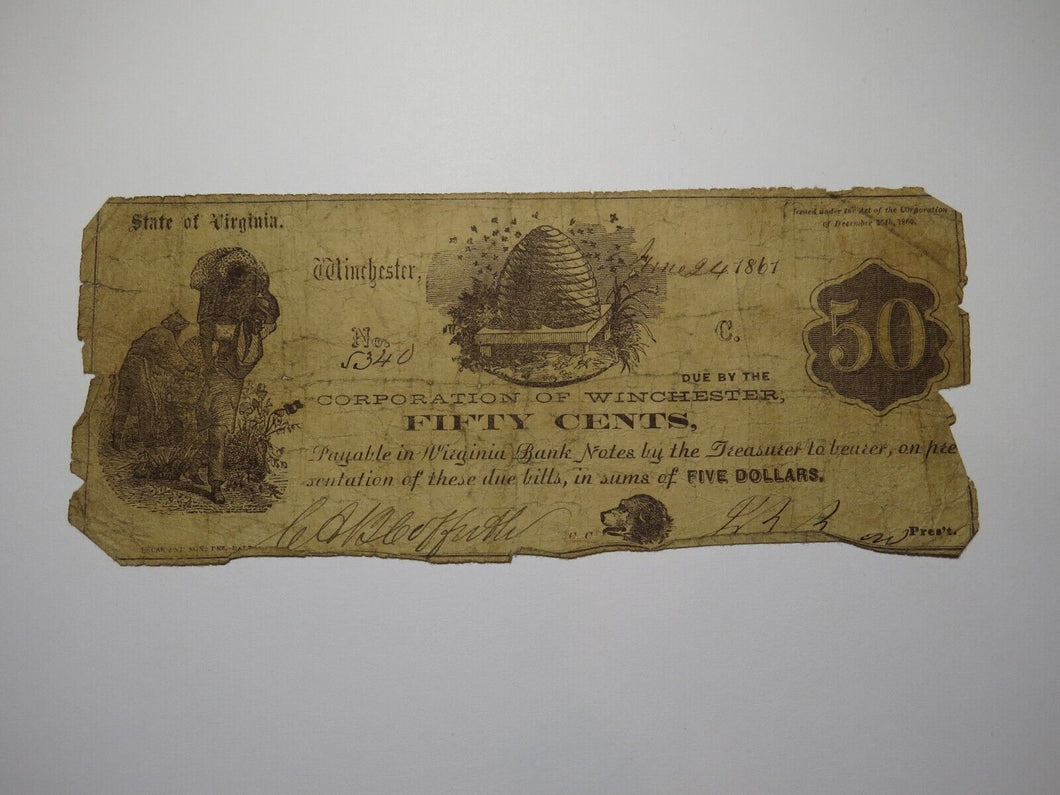 $.50 1861 Winchester Virginia VA Obsolete Currency Bank Note Bill Corp. of Win.