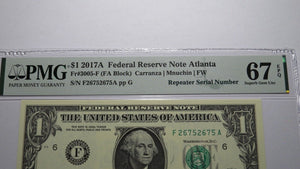 $1 2017 Repeater Serial Number Federal Reserve Currency Bank Note Bill PMG UNC67