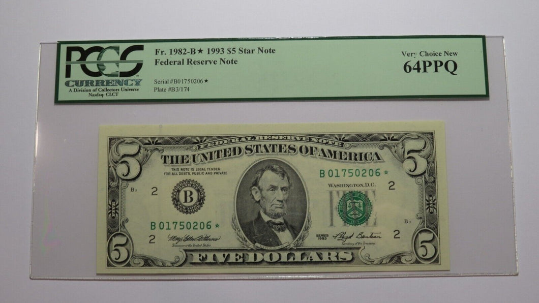 $5 1993 Federal Reserve Star Note Currency Bank Note Bill Choice New 64PPQ PCGS