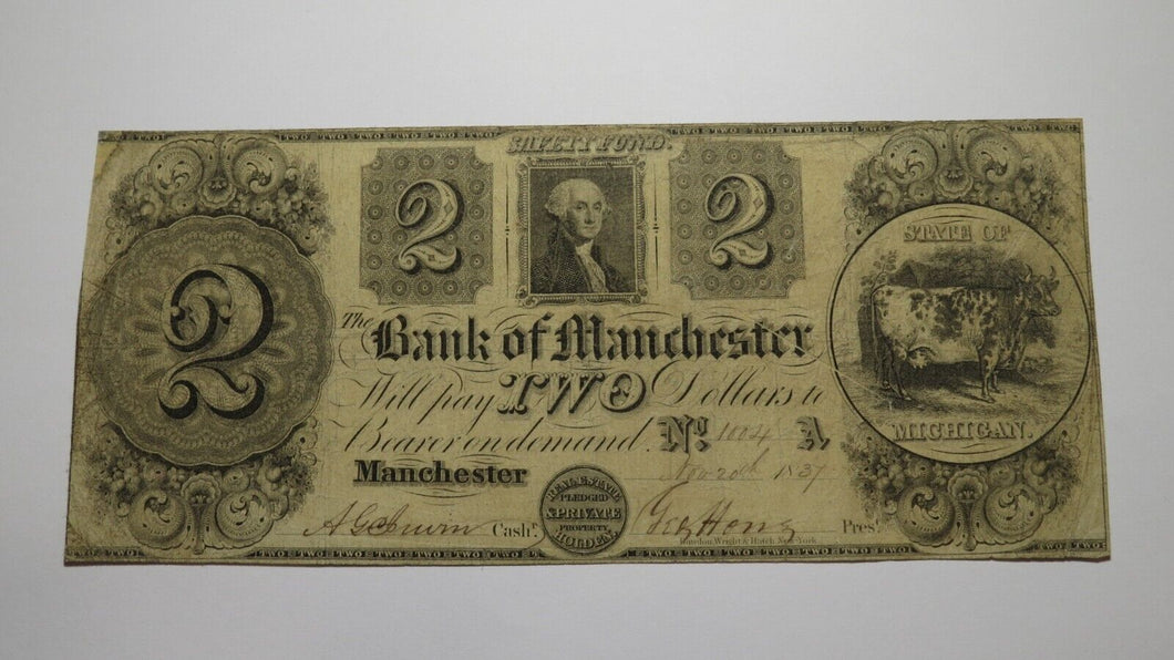 $2 1837 Manchester Michigan Obsolete Currency Bank Note Bill! Bank of Manchester