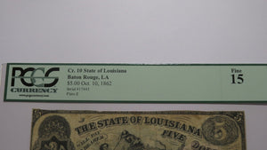 $5 1862 Baton Rouge Louisiana LA Obsolete Currency Bank Note Bill! PCGS F15