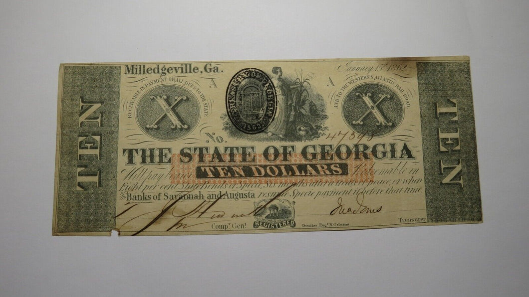 $10 1862 Milledgeville Georgia GA Obsolete Currency Bank Note Bill! State of GA