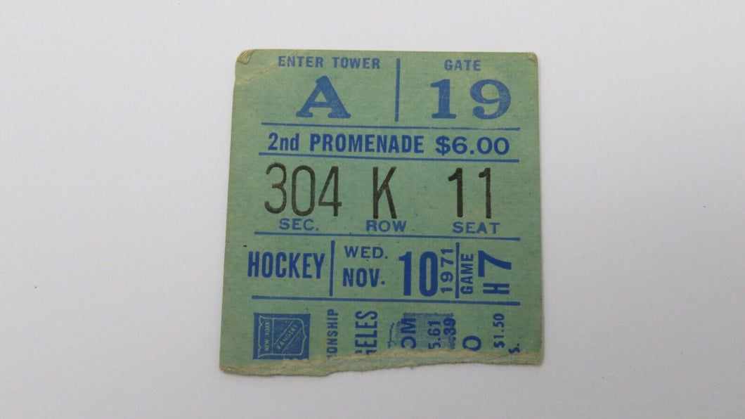 November 10, 1971 New York Rangers Vs. Los Angeles Kings NHL Hockey Ticket Stub