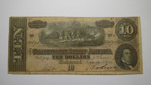 $10 1864 Richmond Virginia VA Confederate Currency Bank Note Bill T68 FINE+