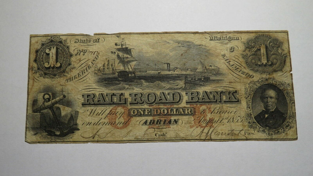 $1 1853 Adrian Michigan Obsolete Currency Bank Note Bill! Erie and Kalamazoo RR