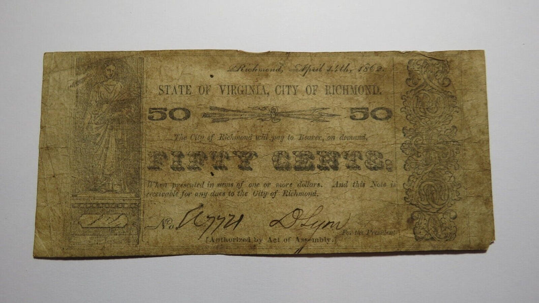 $.50 1862 Richmond Virginia Obsolete Currency Bank Note Bill! City of Richmond