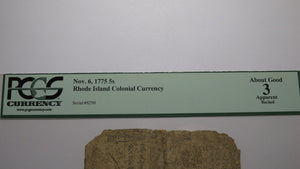 1775 Five Shillings Rhode Island RI Colonial Currency Note Bill! PCGS Graded 5s
