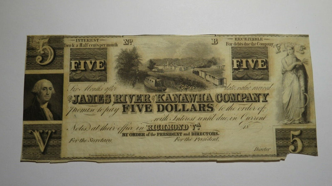 $5 18__ Richmond Virginia Obsolete Currency Bank Note Bill! James River Kanawha