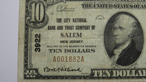 $10 1929 Salem New Jersey NJ National Currency Bank Note Bill Ch. #3922 VF+