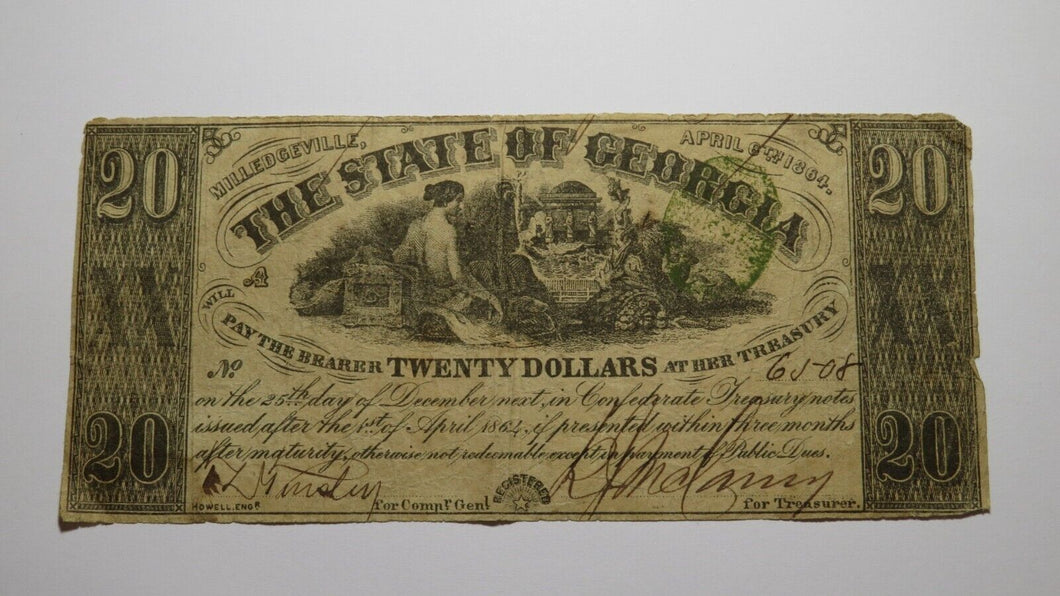 $20 1864 Milledgeville Georgia Obsolete Currency Bank Note Bill State of GA RARE