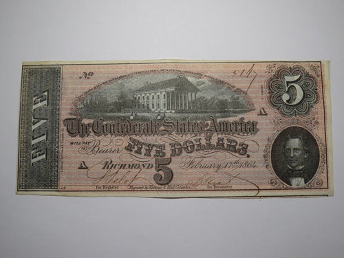 $5 1864 Richmond Virginia VA Confederate Currency Bank Note Bill T68 Crisp UNC++