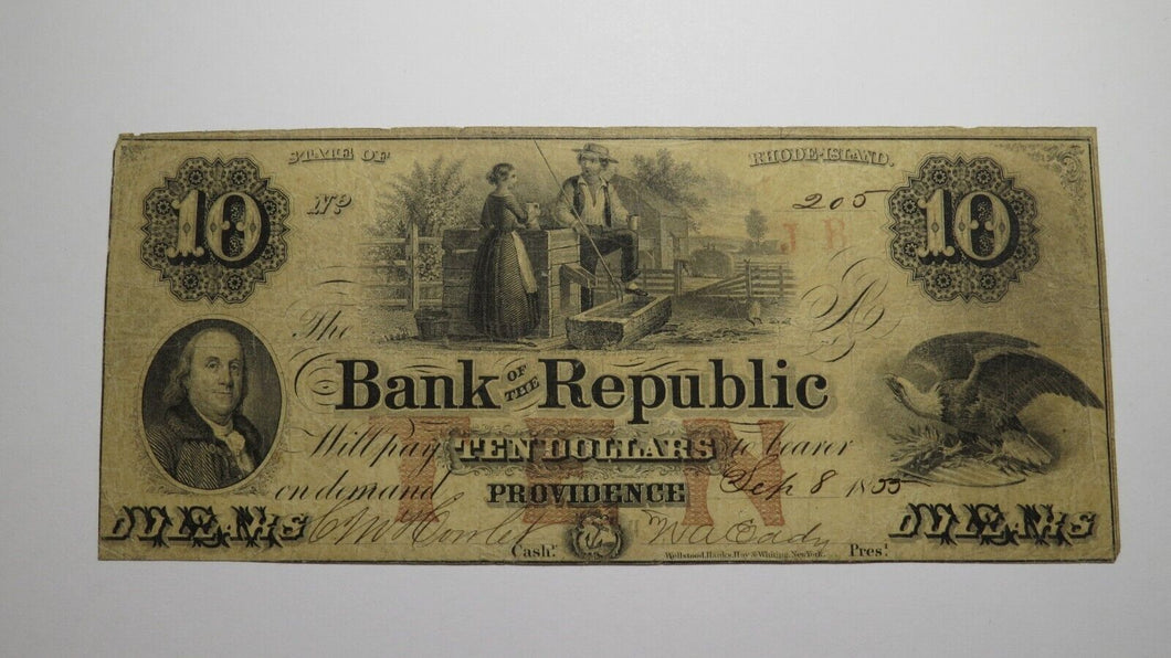 $10 1855 Providence Rhode Island RI Obsolete Currency Bank Note Bill Republic