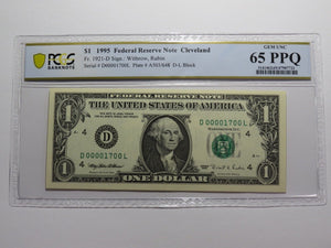 $1 1995 Low Fancy Serial Number Federal Reserve Bank Note Bill UNC65 PMG #1700