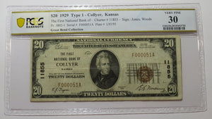 $20 1929 Collyer Kansas KS National Currency Bank Note Bill Ch. #11855 VF30 PCGS