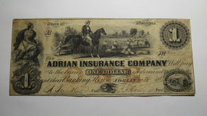 $1 1853 Adrian Michigan MI Obsolete Currency Bank Note Bill Adrian Insurance Co.