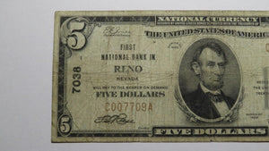 $5 1929 Reno Nevada NV National Currency Bank Note Bill Charter #7038 RARE!