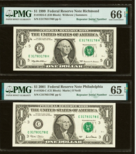 Load image into Gallery viewer, 2 $1 1999 &amp; 2001 Matching Repeater Serial Numbers Federal Reserve Bank Bills