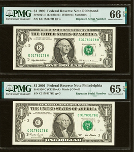 2 $1 1999 & 2001 Matching Repeater Serial Numbers Federal Reserve Bank Bills