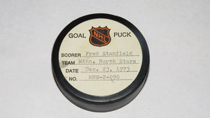 1973-74 Fred Stanfield Minnesota North Stars Game Used Goal Scored Puck -Seals
