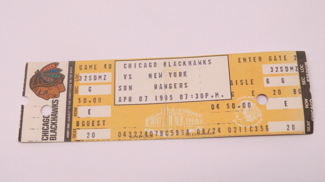 April 7, 1985 New York Rangers Vs. Chicago Blackhawks NHL Hockey Ticket Stub