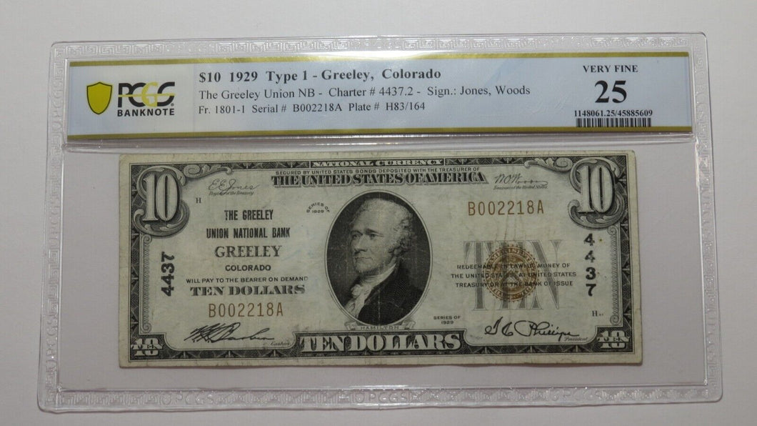 $10 1929 Greeley Colorado CO National Currency Bank Note Bill Ch. #4437 VF25 PMG