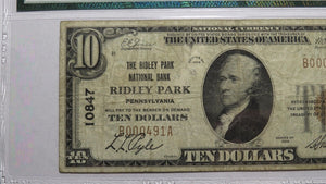 $10 1929 Ridley Park Pennsylvania PA National Currency Bank Note Bill 10847 VF20