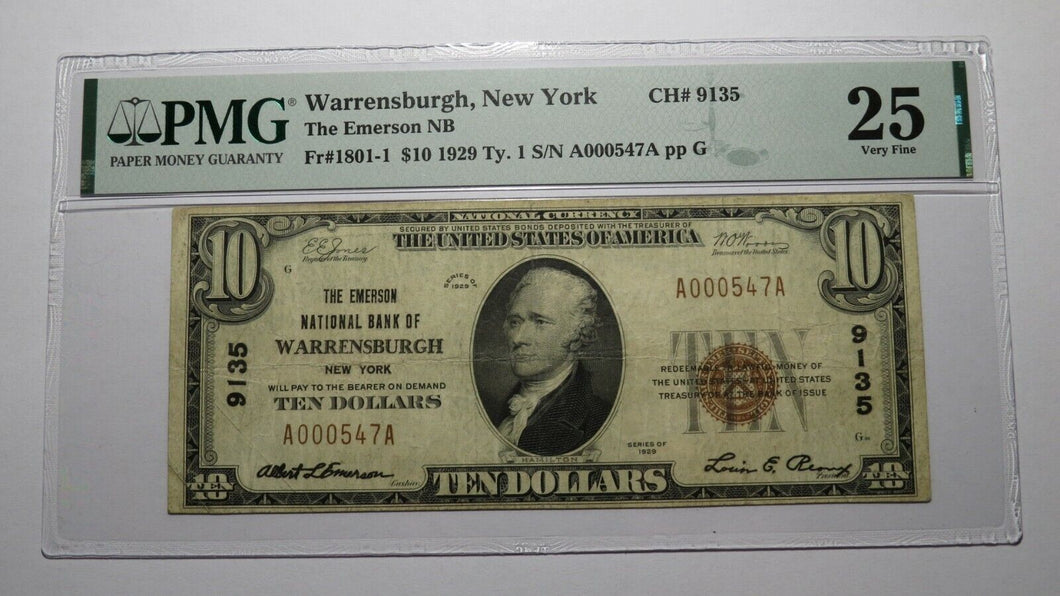 $10 1929 Warrensburgh New York NY National Currency Bank Note Bill Ch #9135 VF25