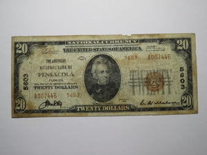 $20 1929 Pensacola Florida FL National Currency Bank Note Bill! Ch. #5603 RARE