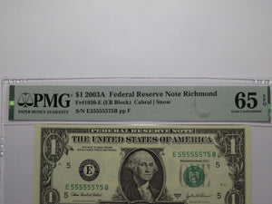 $1 2003 Near Solid Serial Number Federal Reserve Bank Note Bill UNC65 #55555575