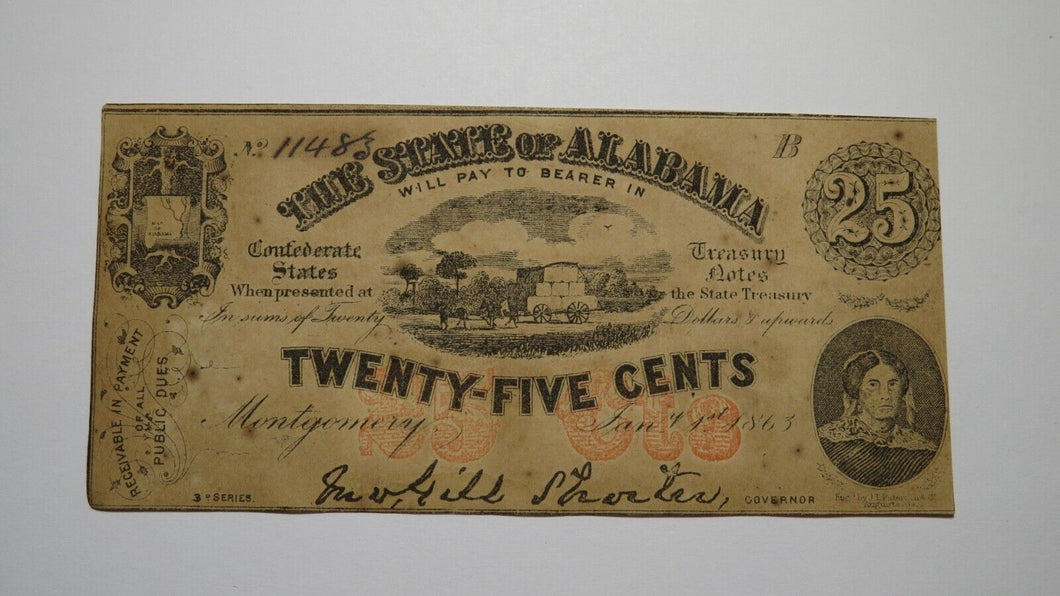 $.25 1863 Montgomery Alabama Obsolete Currency Bank Note Bill AU! Plate B