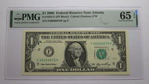 $1 2006 Near Solid Serial Number Federal Reserve Bank Note Bill UNC65 PMG 666666