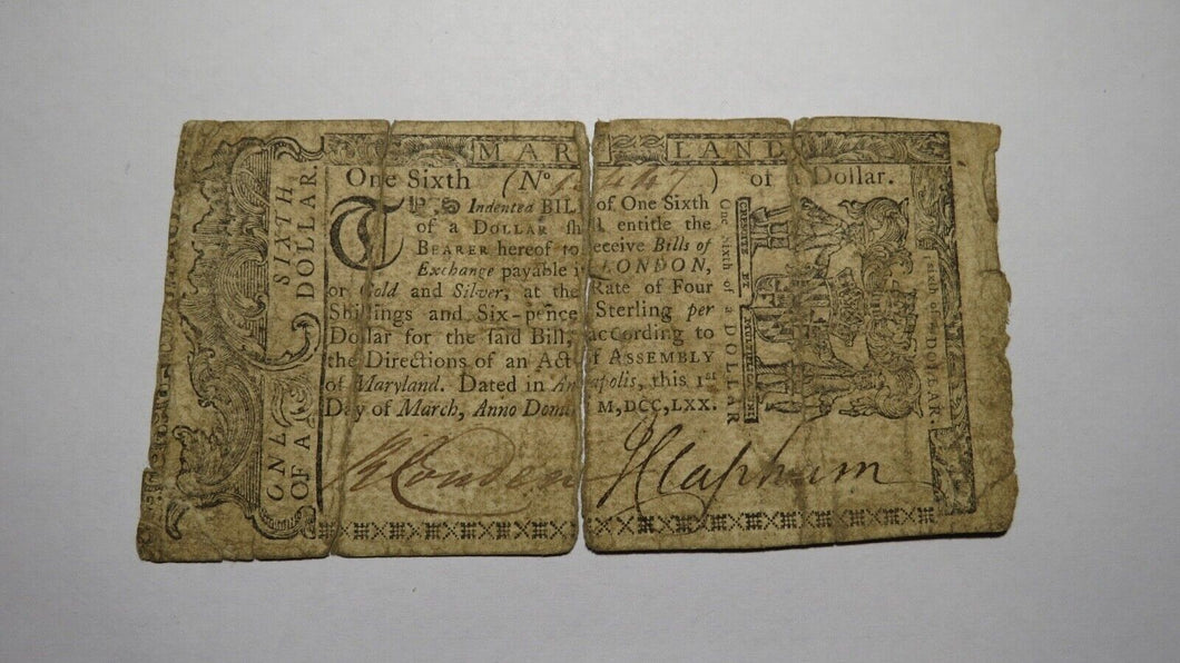 1770 $1/6 Maryland MD Colonial Currency Bank Note Bill RARE One Sixth Dollar!