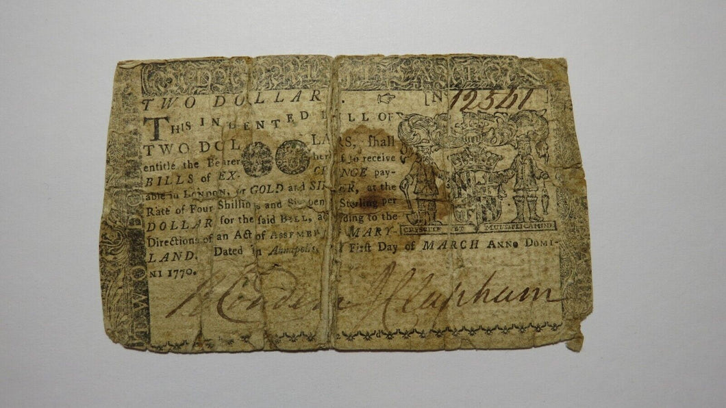 1770 $2 Annapolis Maryland MD Colonial Currency Note Bill Revolutionary War RARE