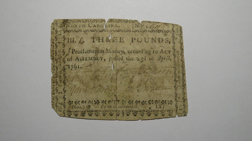 1761 Three Pounds North Carolina NC Colonial Currency Note Bill! RARE Issue!