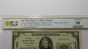 $20 1929 Collyer Kansas KS National Currency Bank Note Bill Ch. #11855 VF30 PCGS