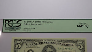 $5 1993 Federal Reserve Star Note Currency Bank Note Bill Gem New 66PPQ PCGS