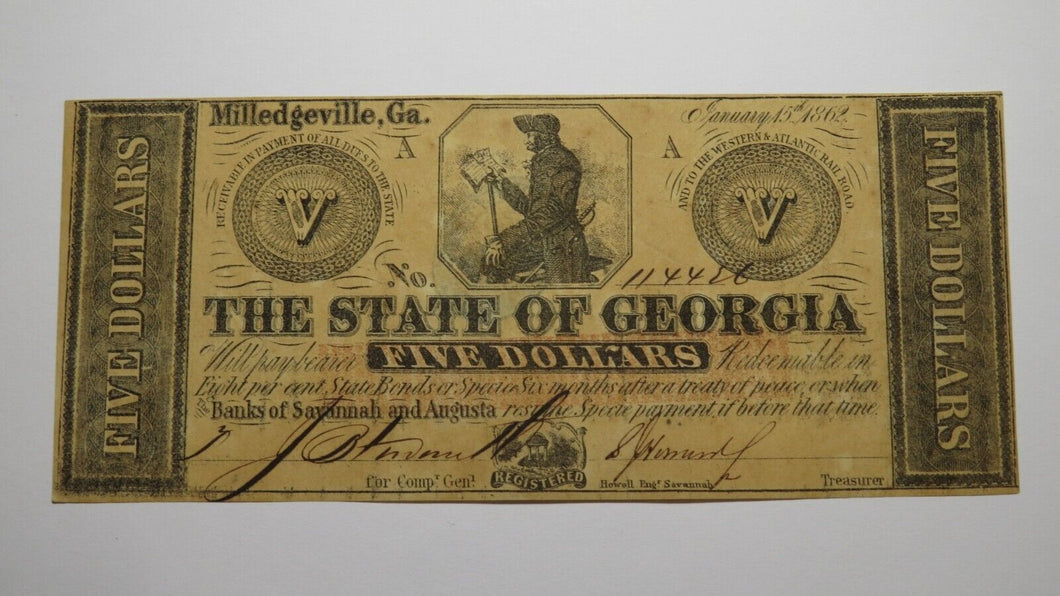 $5 1862 Milledgeville Georgia Obsolete Currency Bank Note Bill State of GA VF+