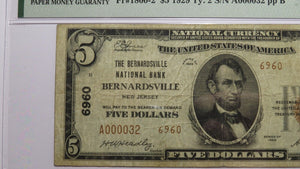 $5 1929 Bernardsville New Jersey National Currency Bank Note Bill Ch #6960 F15