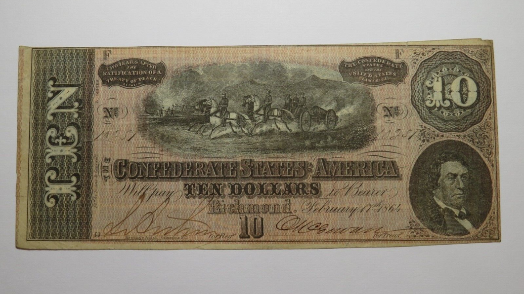 $10 1864 Richmond Virginia VA Confederate Currency Bank Note Bill T68 Very Fine!