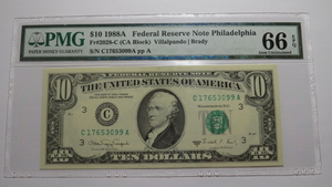 $10 1988-A Federal Reserve Bank Note Bill PMG Graded Gem Uncirculated 66EPQ!