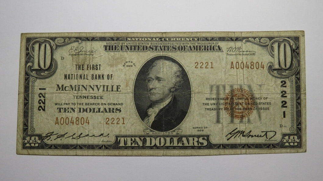 $10 1929 McMinnville Tennessee National Currency Bank Note Bill! Ch. #2221 FINE
