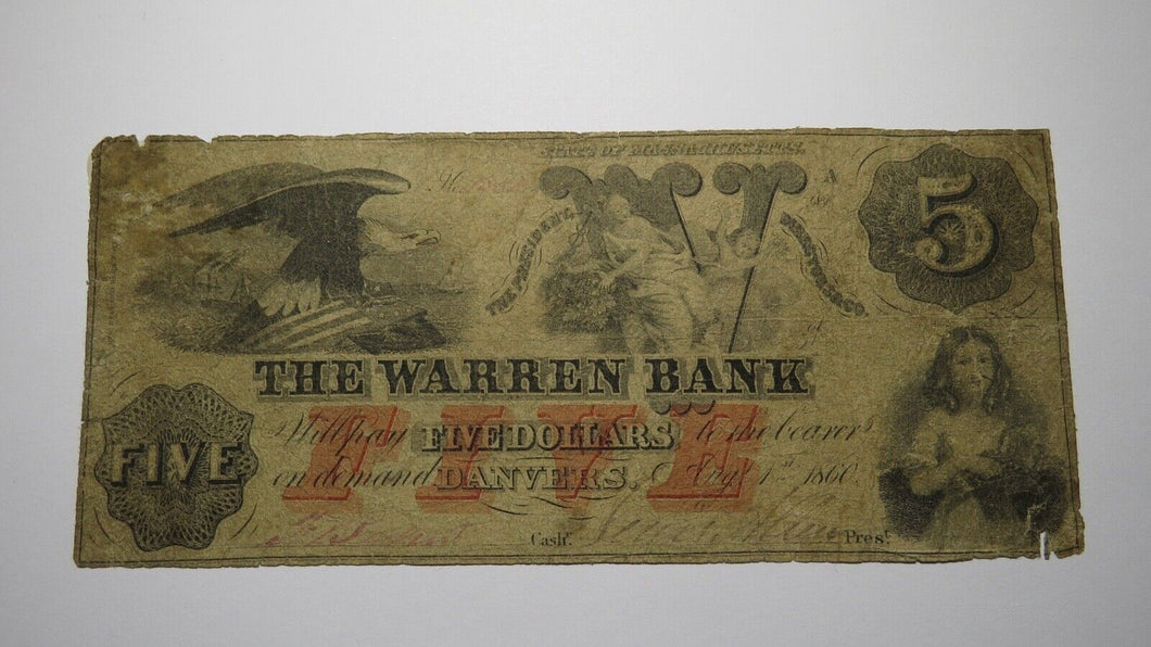 $5 1860 Danvers Massachusetts MA Obsolete Currency Bank Note Bill! Warren Bank